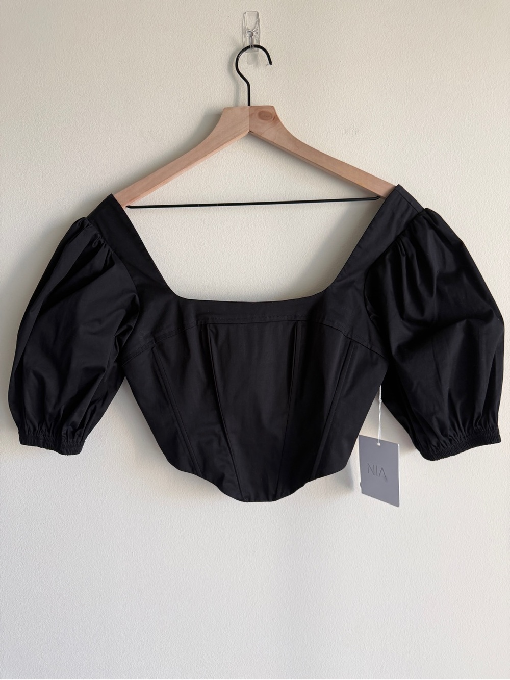 NWT NIA Seine Corset Top Black Puff Sleeve Square Neck Blouse Size S - Picture 3 of 14
